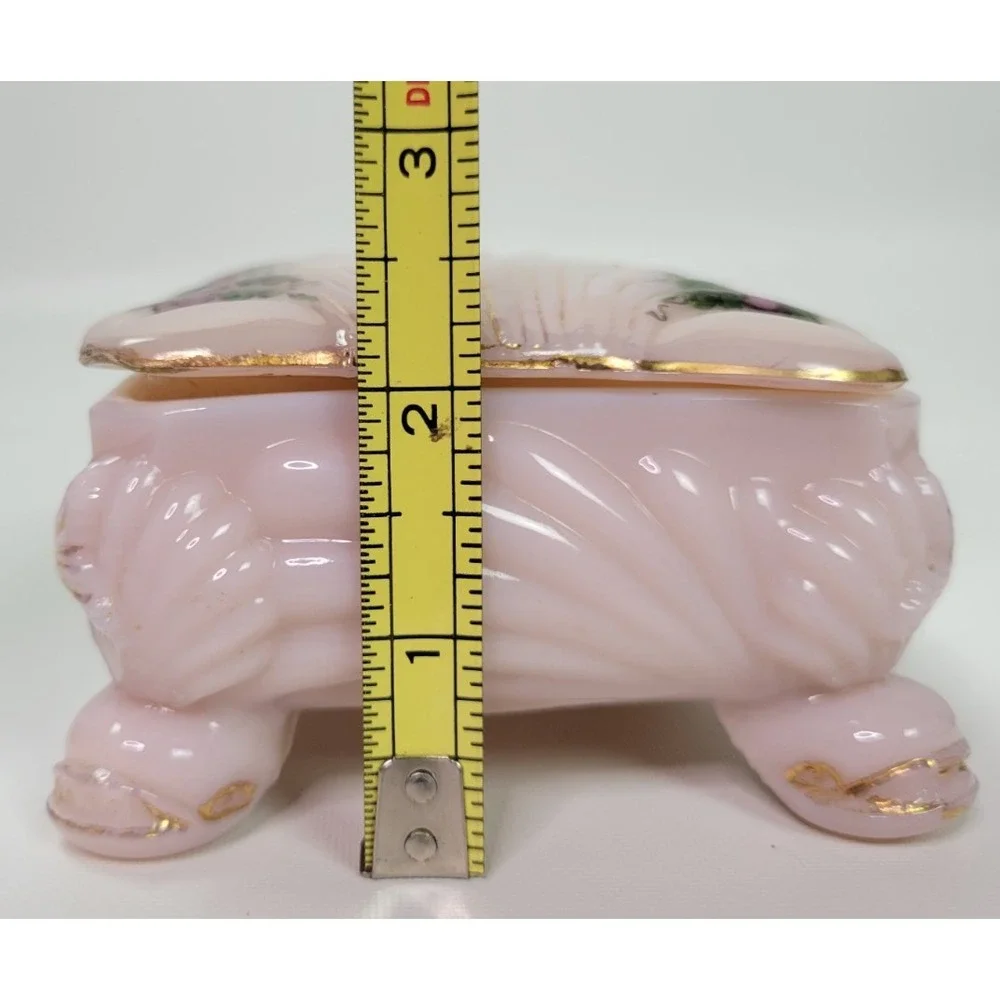 Vtg Cambridge Glass Crown Tuscan Trinket‎ Cigarette Box Seashell Pink Roses